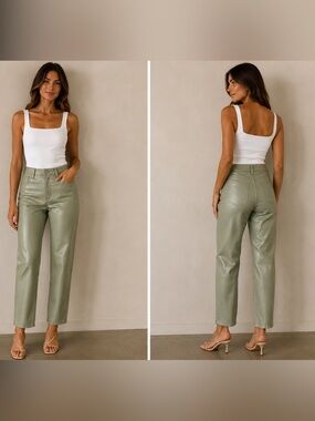 Abercrombie & Fitch 90s Straight Ultra High Rise Green Vegan Leather Pants NWT